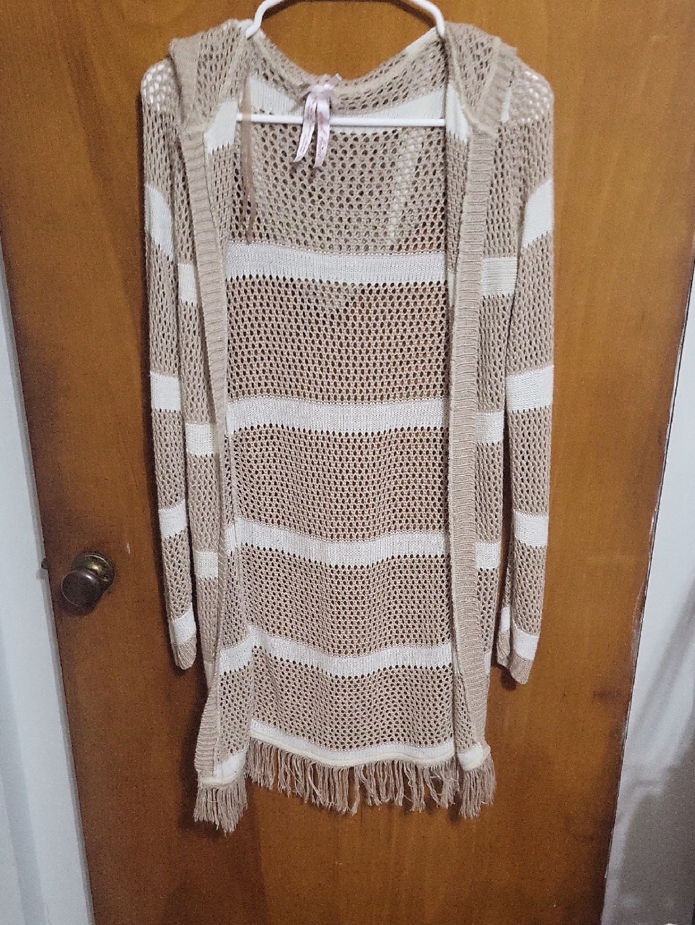 Derek Heart Size Medium- Cream and Tan Open-Knit Hooded Fringe Cardigan
